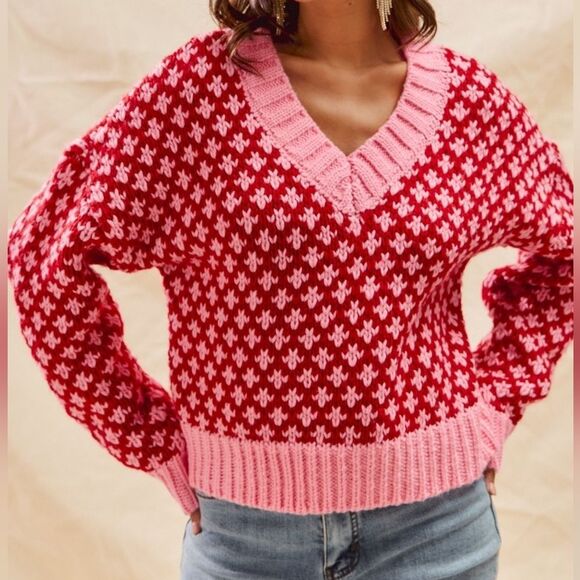 Stylish Red and Pink Houndstooth Like Women's Sweater sz Medium - Picture 5 of 14